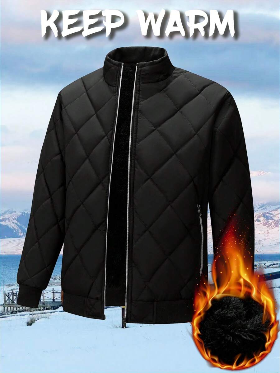 New Baseball Collar Thickened Jacket Men, Warm Diamond Pattern Stand Collar Sweatshirt - Black - View 1