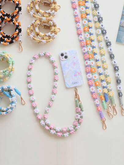 手工编织小雏菊花斜挎包/手提包带，配有手机挂绳和钥匙扣，可作为送给母亲、家人、朋友、生日、节日的手机挂饰、手机链的礼物