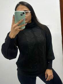 Elegance High Neck Blouse Produced In Fang Knitting With Puffed Sleeves - màu đen - Xem 5