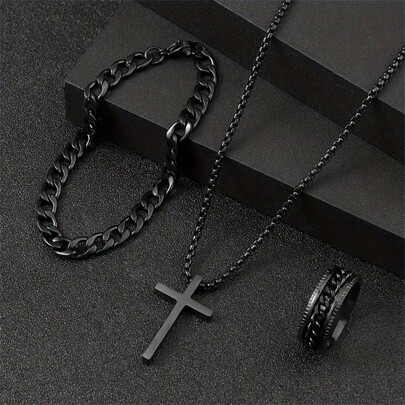 3pcs/Set Simple Black Cross Design Men's Fashion Jewelry Set: Necklace, Bracelet, Ring Fathers Day Gift School Jewelry Men Y2k Accessories Goth Men's Chains Jeans Accessories Gothic Jewellery Back To School Street Halloween Accessories Punk