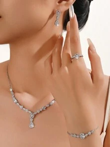Juego de joyería de 5 piezas chapado en oro de 14K para mujeres, incluye collar, aretes, pulsera, anillo, diseño de gota, adecuado para novia, boda, fiesta, celebración, regalo para amigos