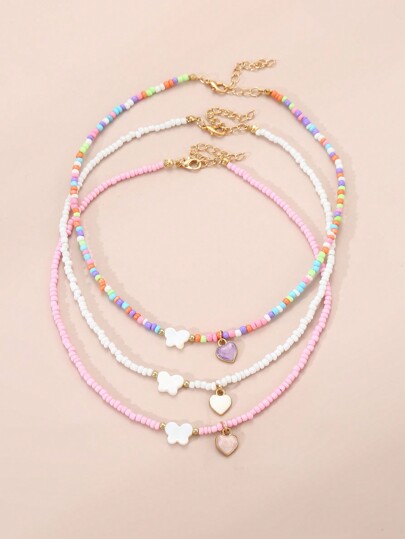 3er Set Mädchen Halskette mit bunten Samenperlen-Herzen