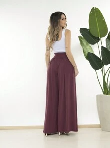 Loose Wide Leg Pantalona Pants Viscolycra Mesh Wide Waistband High Waist Pleats - Burgundy - View 4
