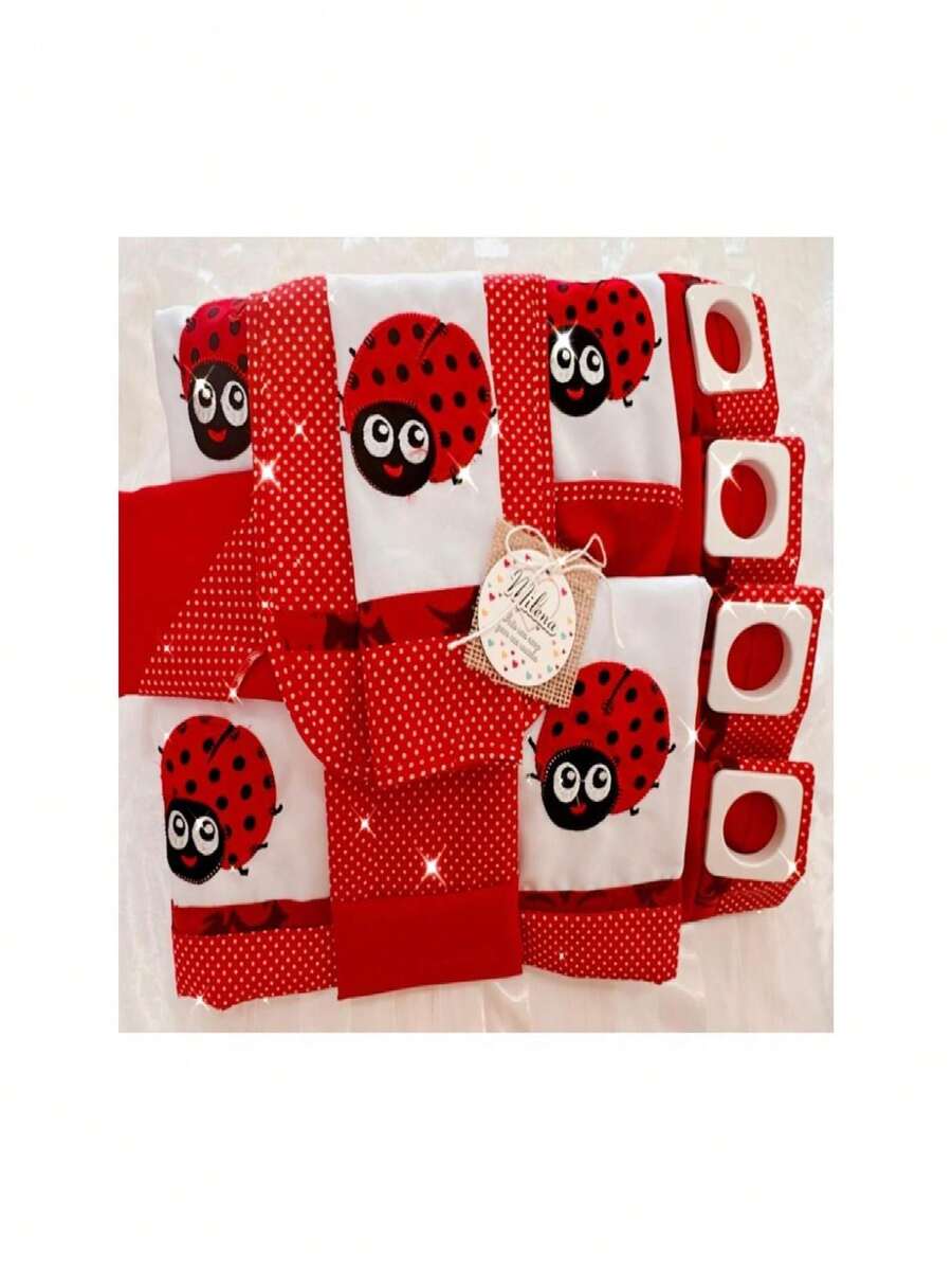 LADYBUG EMBROIDERED KITCHEN SET KIT WITH WINDOW CURTAIN 10 PIECES - 紅色 - 查看 1
