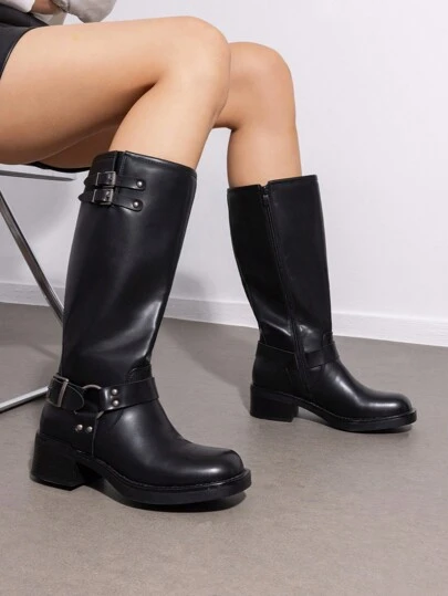 Women's Motorcycle Boots Side Zipper Knee High Boots Square Toe Chunky Low Heel Buckle Decorated Biker Fashion Stylish Riding Boots Festival Dresses For Woman
