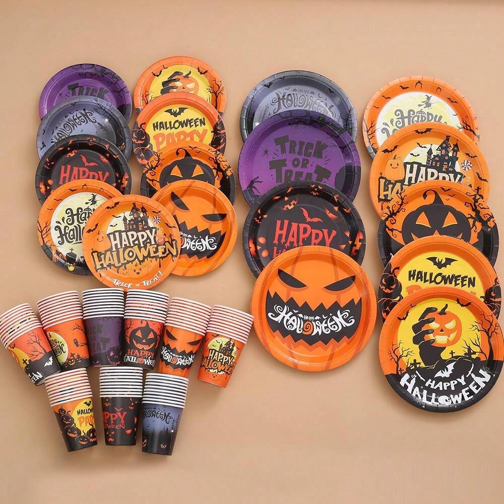1set Halloween Party Disposable Plates, Paper Cups, Pumpkin & Bat