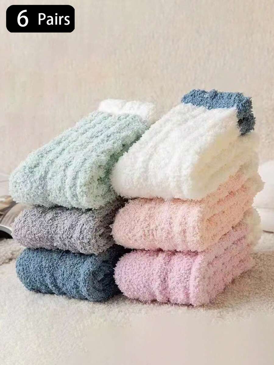 6 双装 女士珊瑚绒拼接彩色加厚中筒袜 冬季保暖毛绒柔软居家室内地板睡眠袜