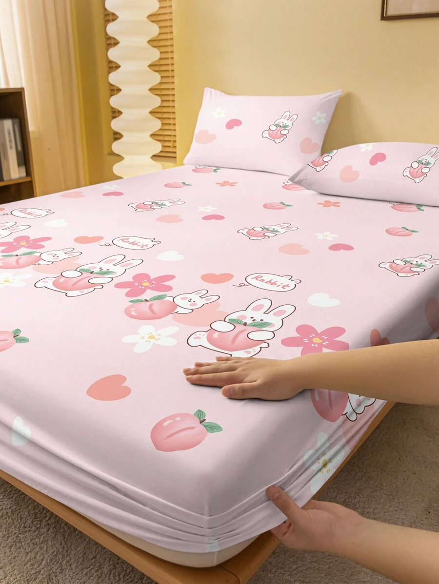 1 peça Lençol com Elástico Estampado com Coelho Fofo e Pêssego, Capa de Edredom com Estampa Floral (Fronha Não Incluída)