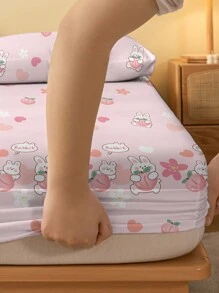 1 peça Lençol com Elástico Estampado com Coelho Fofo e Pêssego, Capa de Edredom com Estampa Floral (Fronha Não Incluída)