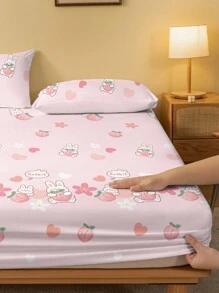 1 peça Lençol com Elástico Estampado com Coelho Fofo e Pêssego, Capa de Edredom com Estampa Floral (Fronha Não Incluída)