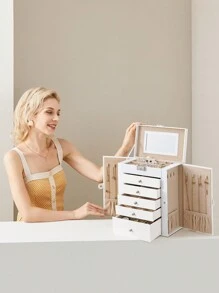 SONGMICS 6-Tier Jewelry Box With 5 Drawers, Large Storage Capacity, With Mirror, Lockable, Jewelry Storage Organizer, Gift For Loved Ones, For Watches, White - White - View 3