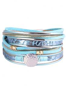 1pc Fashionable Personalized Round Metal Charm Multi-Layer Snake Skin Leather Wrap Bracelet, Gift For Girlfriend/Mom - Can Be Worn In Any Position On The Wrist