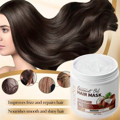  SADOER 椰子修复保湿发膜，改善毛躁，软化头发，修复，清爽不刺激，适合中长发女性，含有椰子油和胶原蛋白，滋养角质层，使头发顺滑无毛躁，洗发后使用