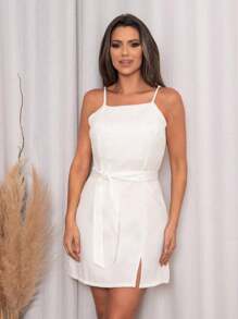 Short Dress With Straps And Bow For Women - 白色 - 查看 4