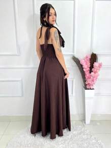Long Luxury Plain Duna Linen Dress With Bow One Shoulder - Brown - View 3