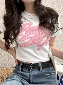 Women's White Round Neck Short Sleeve Pink Letter Print T-Shirt