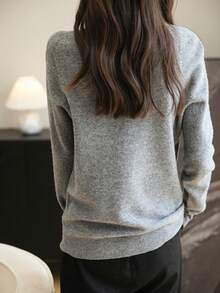 女士无缝毛衣高领一线成衣长袖针织套头衫 - 灰色 - 查看 5