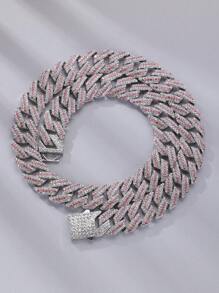 CVNANA 1 pieza Elegante y de moda Collar y pulsera con  de hielo bicolor con diamante artificial, cadena rosa unisex, joyería de estilo hip-hop con 3 filas de rhinestone incrustadas, obsequio - A - Ver 8
