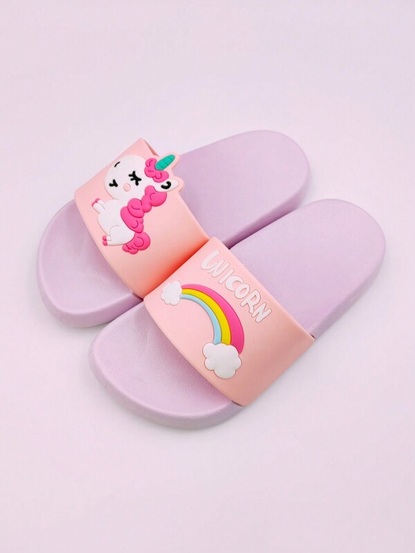 1 par de sandalias planas antideslizantes de PVC con diseño de unicornio arcoíris para niños, para interiores/exteriores, hogar, baño, verano
