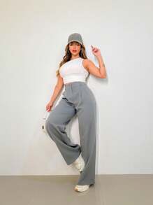 MODA MO, REF:  3271, Calça Alfaiataria Feminina | Cintura Alta Pantalona | Look Elegante e Despojado | Moda Casual para o Dia a Dia | Perfeita para o Trabalho |  Confortável e Estilosa | Caimento Impecável - Cinza - Visão 3