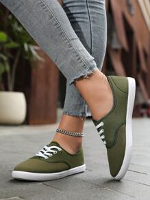 Sapatos femininos de lona de cor sólida, modelo clássico de tênis para caminhada casual com Top baixo, toe redondo, respirável, antiderrapante, confortável para atividades esportivas ao ar livre