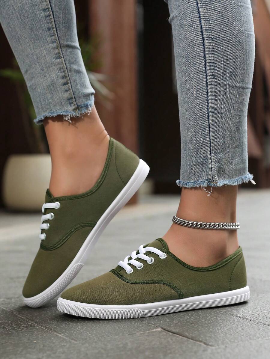 Sapatos femininos de lona de cor sólida, modelo clássico de tênis para caminhada casual com Top baixo, toe redondo, respirável, antiderrapante, confortável para atividades esportivas ao ar livre