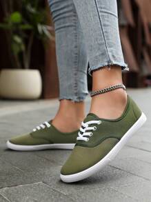 Sapatos femininos de lona de cor sólida, modelo clássico de tênis para caminhada casual com Top baixo, toe redondo, respirável, antiderrapante, confortável para atividades esportivas ao ar livre