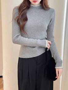 Women's Frill Trim & Pearl Design Slim Fit Pullover Sweater - Grey - View 1