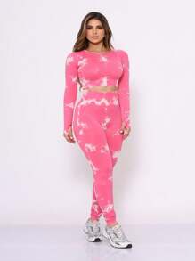 Seamless Butt Lift Tie Dye Gym Set High Waist Long Sleeve - Pink - View 2