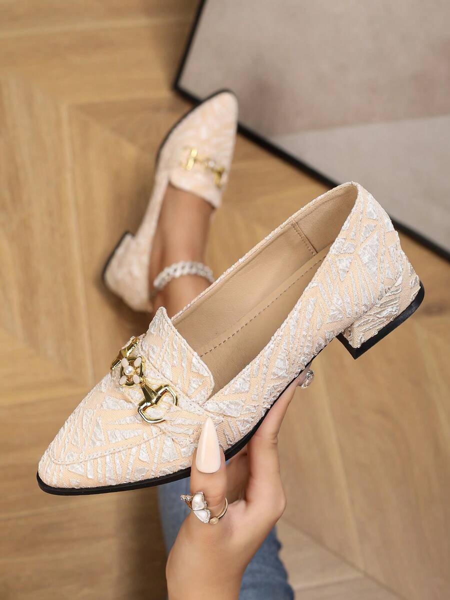 Mũi Nhọn Khóa Kim Loại Phong Cách Trung Hoa Maryjane Mule Giày Đế Bằng, Hợp Thời Trang Mới Slip-On Cho Nữ, Mùa Xuân, Mùa Thu - Màu be - Xem 1