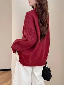 女士节日及节庆新年春节立领粗针织套头衫 - 紅色 - 查看 2