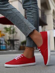 Women's Solid Color Canvas Flat Shoes, Round Toe Lace-Up Breathable Anti-Slip Shoes, Classic Canvas Sneakers, Solid Color Low-Cut Casual Shoes, Comfortable Women's Footwear, Athletic Shoes, Outdoor Shoes