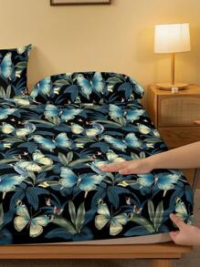1pc  Plant Floral & Butterfly Pattern Microfiber Fitted Sheet For Bedroom, Printed Bed Cover, Bedding (Pillow Case Not Included) - Multicolor - View 4