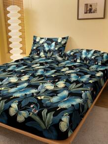 1pc  Plant Floral & Butterfly Pattern Microfiber Fitted Sheet For Bedroom, Printed Bed Cover, Bedding (Pillow Case Not Included) - Multicolor - View 3