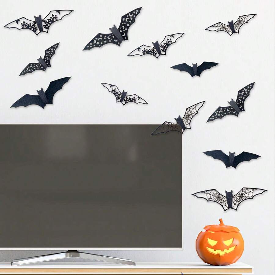 12pcs/Set Cartoon Hollow Paper Bats Wall Decals For Halloween Party Decoration, Shop Window Display - Multicolor - View 1