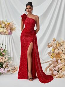 ADYCE 长款亮片正式晚礼服，荷叶边肩部，前开衩，露背，适合派对、宴会、婚礼、优雅舞会礼服，适合婚礼嘉宾、毕业典礼、晚宴