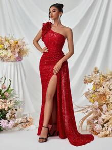 ADYCE 长款亮片正式晚礼服，荷叶边肩部，前开衩，露背，适合派对、宴会、婚礼、优雅舞会礼服，适合婚礼嘉宾、毕业典礼、晚宴