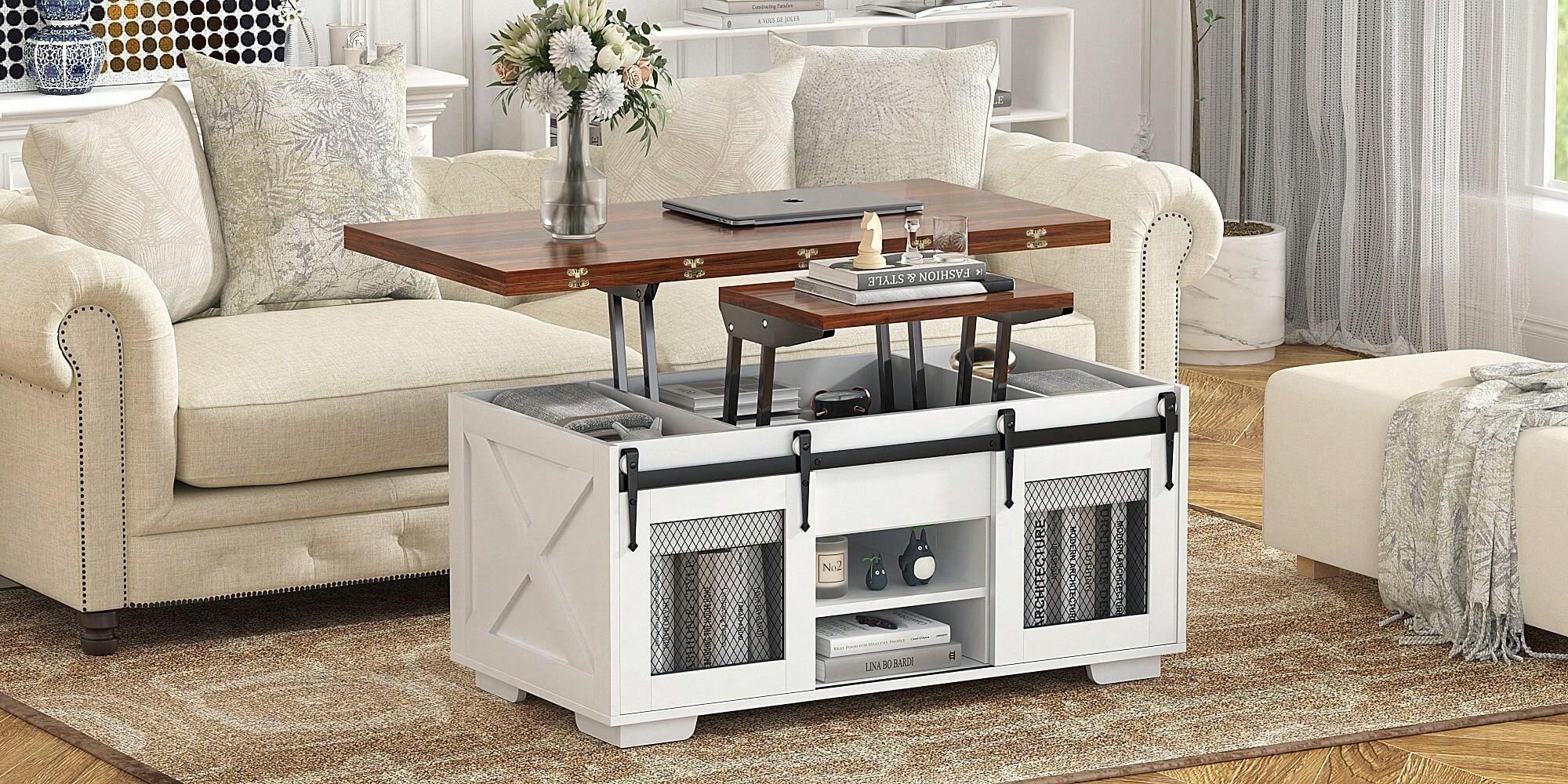 Table Basse Relevable 3 En 1 Avec Rangement - Blanc - Transformable En Table à Manger Ou Bureau