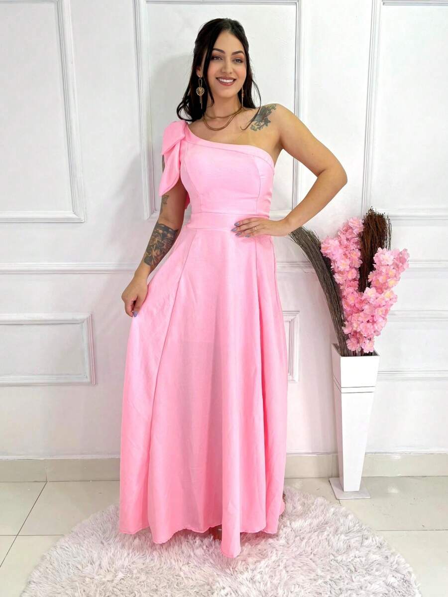 Long Plain Duna Linen Dress With Bow One Shoulder - Baby Pink - View 1