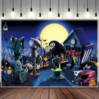 Nightmare Before Christmas Halloween Polyester Photography Background, Pumpkin Moon City Photo Background, Luggage Or Party Banner Decoration, Studio Props In Photography Studio,Christmas