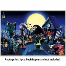 圣诞夜惊魂万圣节聚酯摄影背景、南瓜月城照片背景、行李或派对横幅装饰、摄影工作室的工作室道具、圣诞节 - 多色 - 查看 3
