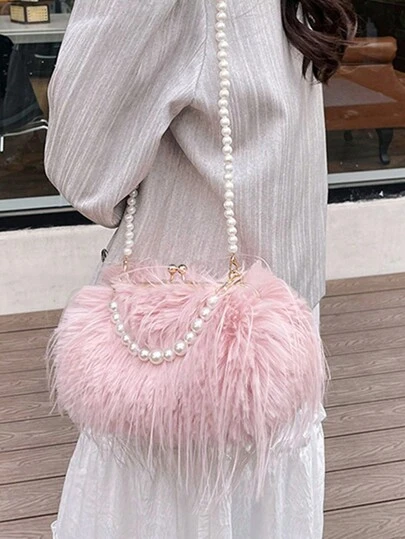 Fluffy Shoulder Bag For Women, Fashion Cute Pearl Tassel Furry Conch Crossbody Bag, Pink, New Arrival Fur Bag For Women