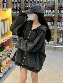 超大码韩版盐洗连帽运动衫女士运动衫，休闲运动，长袖上衣