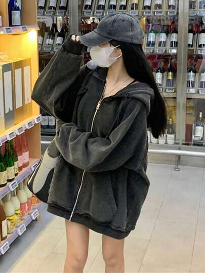 韩版宽松水洗连帽卫衣，女士休闲运动风长袖上衣，黑色，春季款