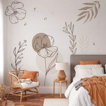 Adesivo De Parede Flor Ramos Contemporâneo Marrom Pastel Minimalista 87x59cm