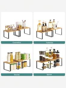 SONGMICS Spice Rack, Set Of 2 Spice Racks, Expandable Counter Organizer, Stackable Spice Holder, Metal And Engineered Wood, Black And Natural MKCS02NB - 杏色 - 查看 5