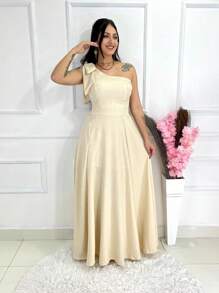 Long Luxury Plain Duna Linen Dress With Bow One Shoulder - Beige - View 3
