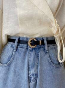 Slim Women's Belt With Imported Round Gold Buckle 1.3CM Width - 黑色 - 查看 1