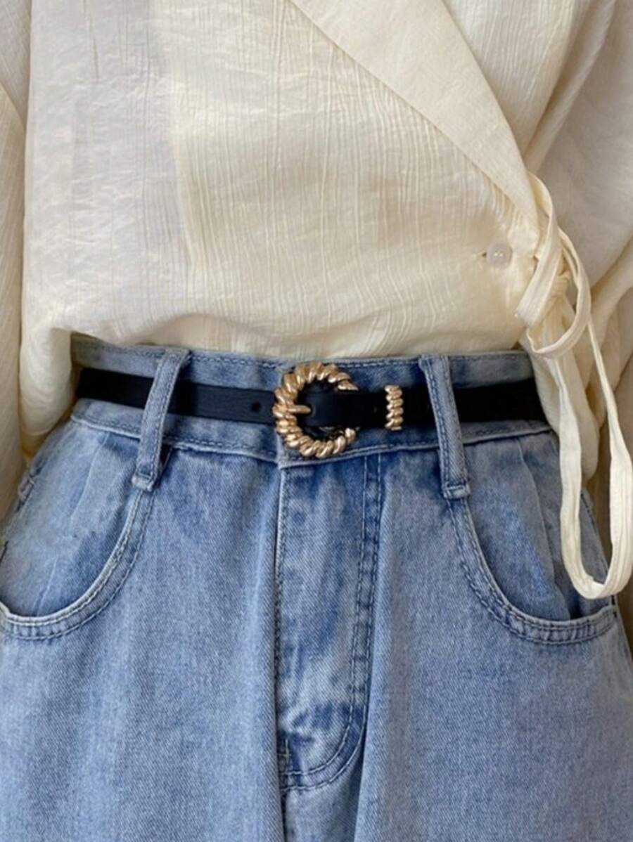 Slim Women's Belt With Imported Round Gold Buckle 1.3CM Width - 黑色 - 查看 1