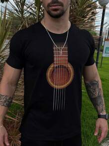 Men's T-Shirt Printed Guitar Round Neck In Premium Cotton Mesh - 黑色 - 查看 6